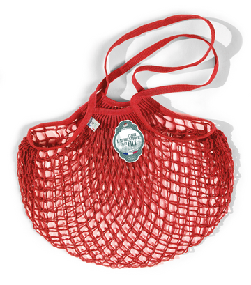 Filt | French Market Bags - Gold, a close-up of a red string bag with label, ideal for eco-friendly shopping, designed by Filt for Athens Cooks.