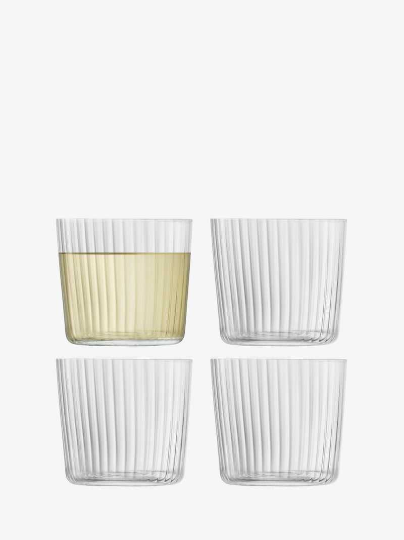 LSA International | GIO Line Drinkware Linear, Set of 4 - 13 oz glasses, featuring a linear texture, ideal for serving drinks or small dishes, stackable and dishwasher-safe.