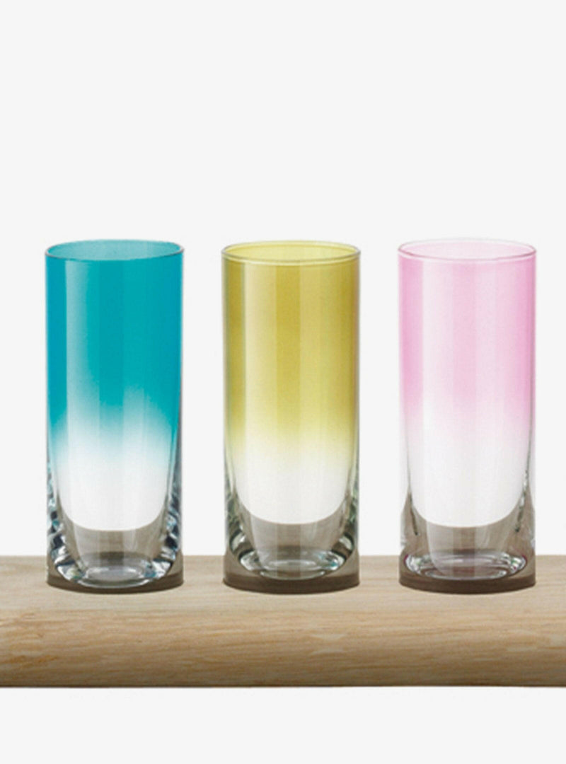 LSA International shot glass set with oak paddle; includes six or twelve tall glasses nestled on a stylish oak board with handles for easy serving.