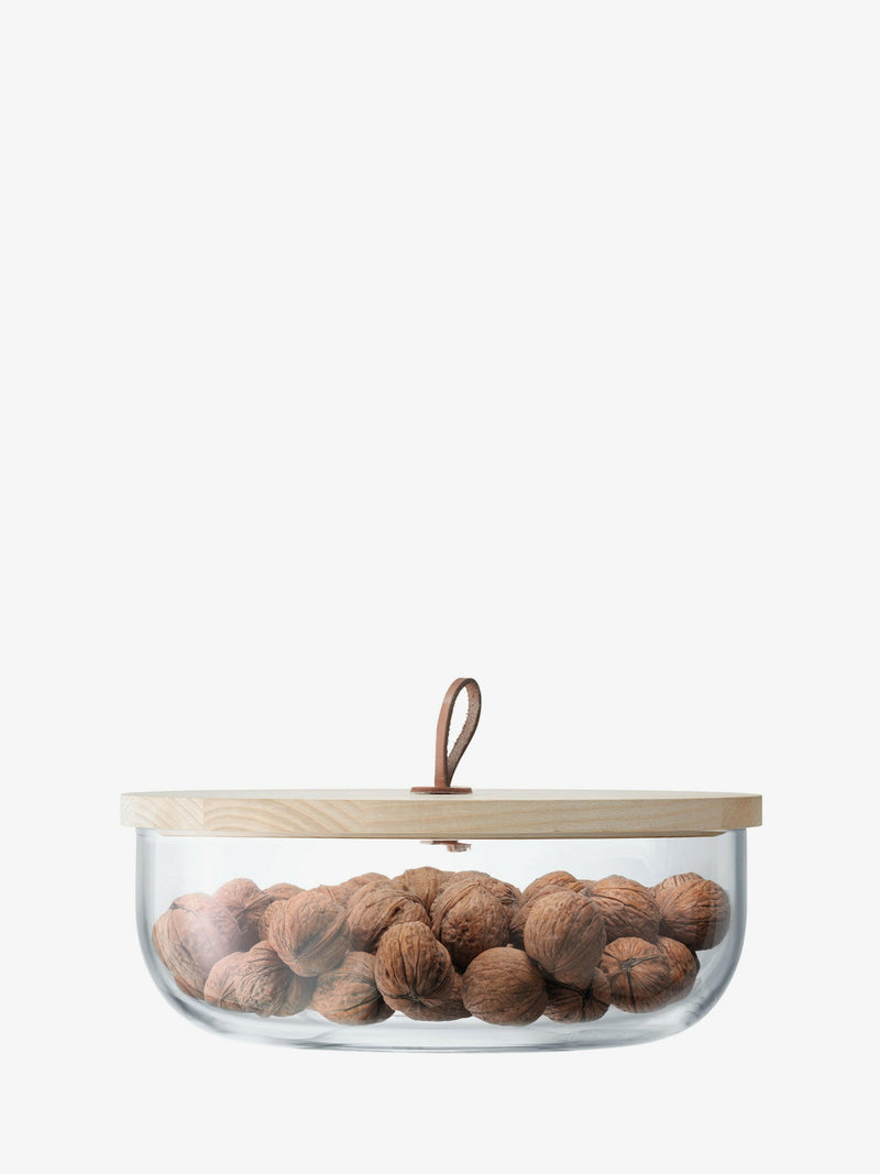 LSA International Ivalo container with ash lid, 6x6, 57 oz, elegant mouth-blown glass with sustainable ash lid and leather toggle, ideal for versatile storage or display.