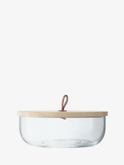 LSA International Ivalo glass container with ash lid, 11.5 x 4.25, 159 oz, featuring a natural leather toggle for versatile kitchen or workspace use.