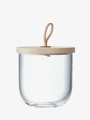 LSA International Ivalo Container with Ash Lid, 6x6, 57 oz; elegant mouth-blown glass with sustainably-sourced ash lid and leather toggle, perfect for versatile storage or display.