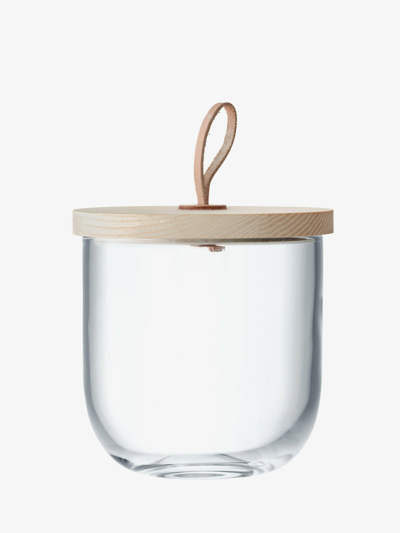LSA International Ivalo Container with Ash Lid, 6x6, 57 oz; elegant mouth-blown glass with sustainably-sourced ash lid and leather toggle, perfect for versatile storage or display.