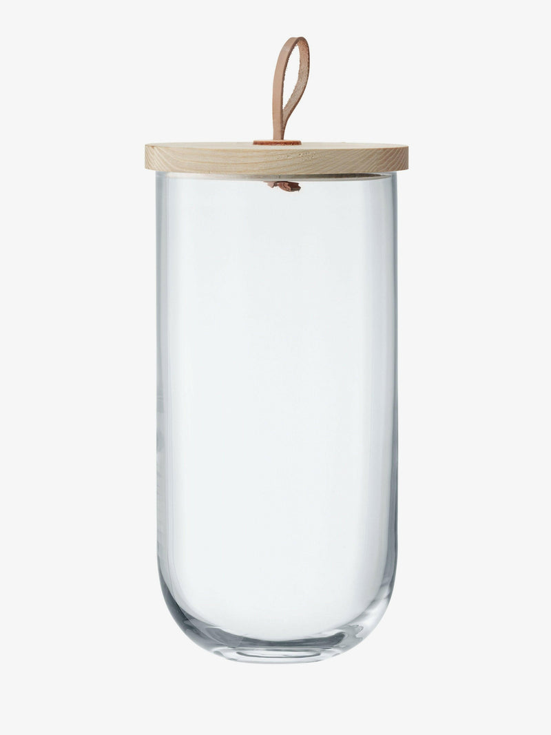 LSA International Ivalo glass container with ash lid and leather toggle, ideal for storage or display, fits kitchen, bathroom, or workspace. 11.5 h x 6 w, 128oz.
