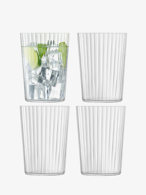 LSA International GIO Line Drinkware, Set of 4, with linear texture, stackable and dishwasher-safe, ideal for serving beverages or small dishes.