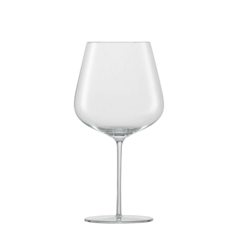 Set of six Schott Zwiesel Vervino Burgundy glasses, showcasing thin-walled bowls, fine stems, and wide feet, highlighting elegance and durability in crystal glassware.