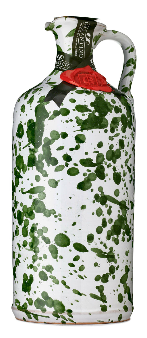 Frantoio Galantino Extra Virgin Olive Oil in Ceramic Jug features a hand-painted green bottle with a red wax seal, highlighting artisanal craftsmanship.