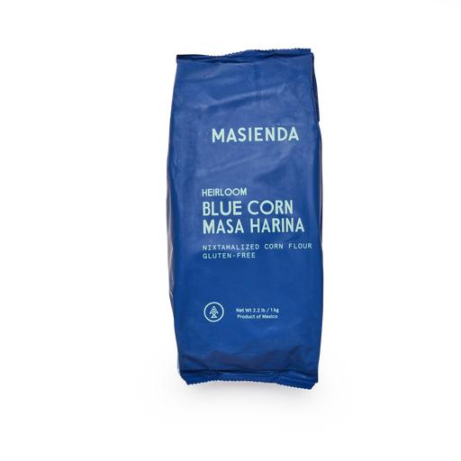 Masienda | Heirloom Corn Masa Harina - Blue Corn package featuring detailed product information on a blue background, ideal for making authentic Mexican dishes.
