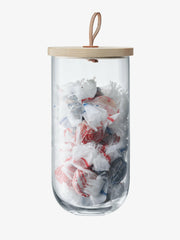 LSA International Ivalo glass container with ash lid, 6 x 6, 57 oz, featuring a leather toggle, ideal for kitchen, bathroom, or workspace storage.