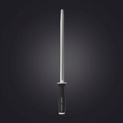 Zwilling | Kramer Damascus Knife Collection - 12 Double Cut Honing Steel with a wide blade, Chevron Damascus pattern, and black linen Micarta handle.