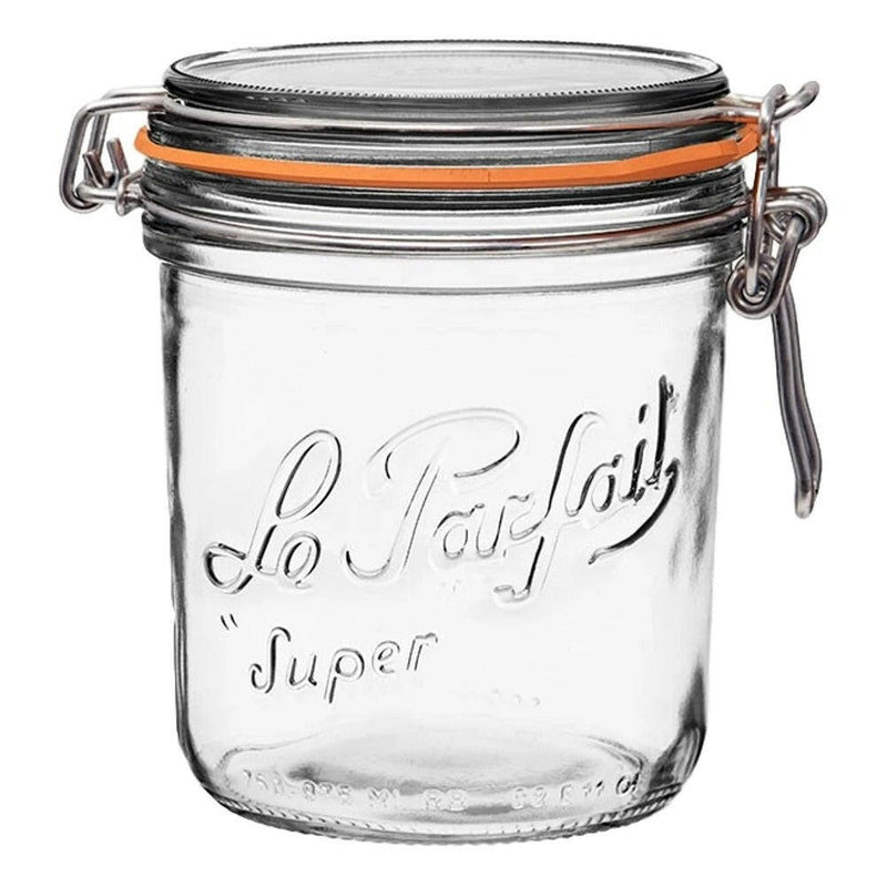Le Parfait Super Jar 1L with hinged lid and orange gasket, ideal for canning or storage, embodies sustainable French craftsmanship from Athens Cooks.