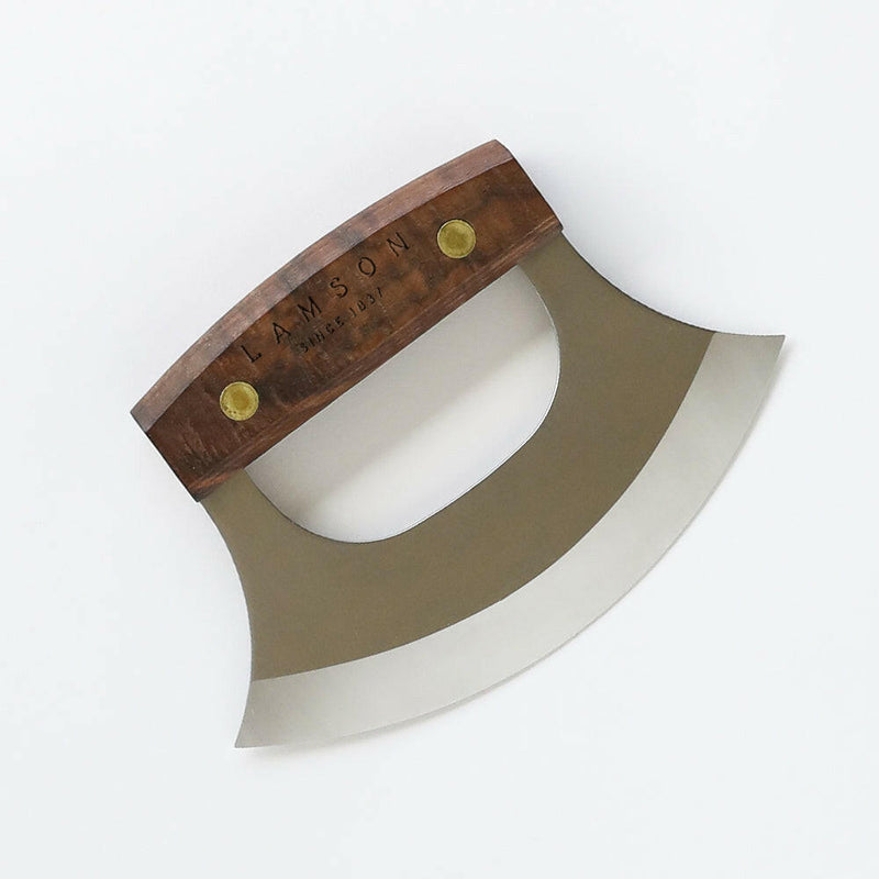 Lamson | Alaskan Ulu Knife with Leather Sheath - 6 shown with its distinctive rounded blade and leather sheath, ideal for versatile kitchen use.