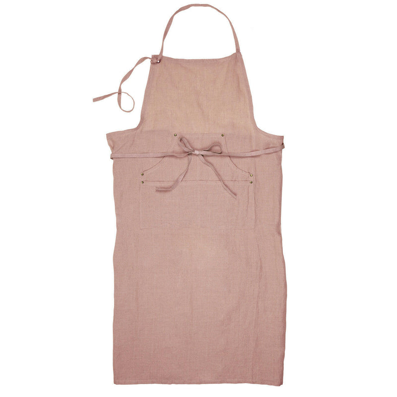 Sir|Madam Linen Grand Apron - Salmon, featuring unlacquered brass rivets, adjustable neck loop, side-vents, and four pockets, ideal for kitchen enthusiasts.