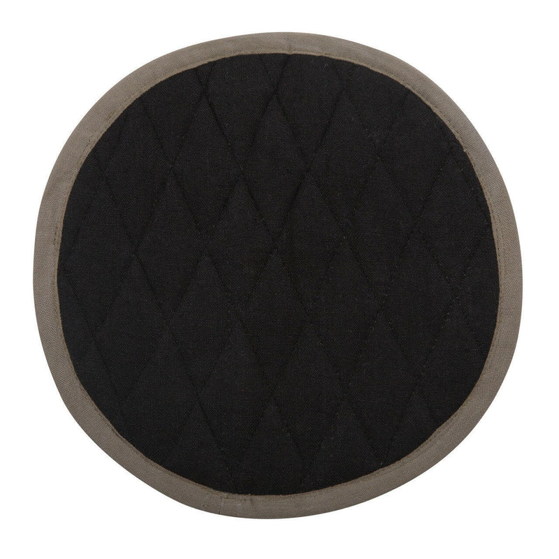 Sir|Madam | Linen Pot Holder - Single - Salmon, close-up of its textured black fabric, showcases its versatile, circular design, ideal for kitchen and dining use.