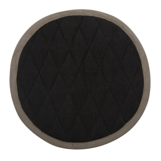Sir|Madam | Linen Pot Holder - Single - Salmon, close-up of its textured black fabric, showcases its versatile, circular design, ideal for kitchen and dining use.