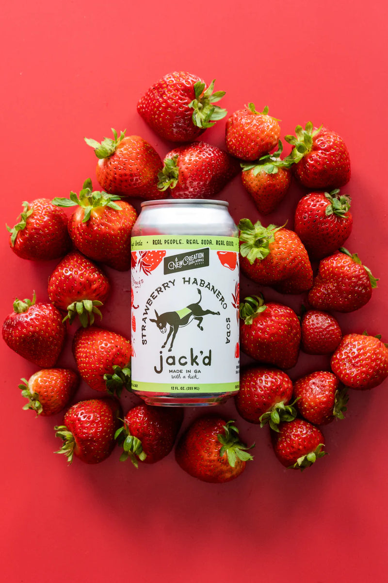 New Creation Soda Works' Jack'd Strawberry Habanero Soda, featuring local Georgia strawberries and habaneros, crafted for a crisp, sweet, and subtly spicy flavor experience.