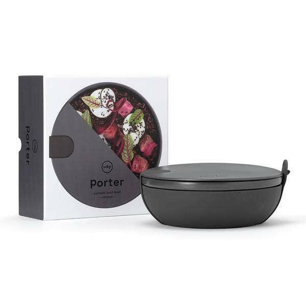 W&P Make & Take Lunch Bowl, Ceramic Charcoal: a stylish, durable ceramic bowl with a silicone strap, ideal for salads and pasta, microwave and dishwasher safe.