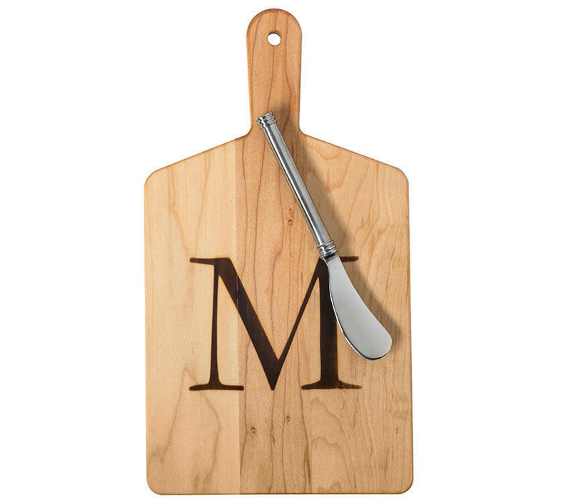 J.K. Adams Monogrammed Maple Cheese Board - Letter W, featuring a stainless steel spreader, elegantly packaged with ribbon, ideal for gifting from Athens Cooks.