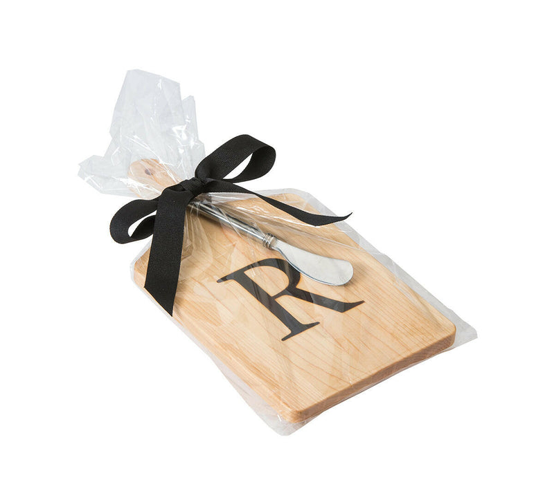 J.K. Adams Monogrammed Maple Cheese Board with Letter W, featuring a 6-inch stainless steel spreader, elegantly presented in a cello gift bag with ribbon.