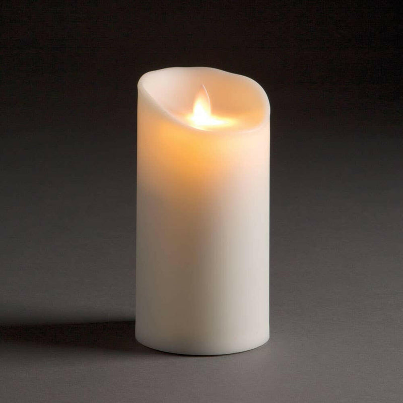 Lightli | Moving Flame Outdoor Pillars - Medium, showcasing a close-up of a flameless candle with a dancing flame effect, ideal for outdoor ambience.