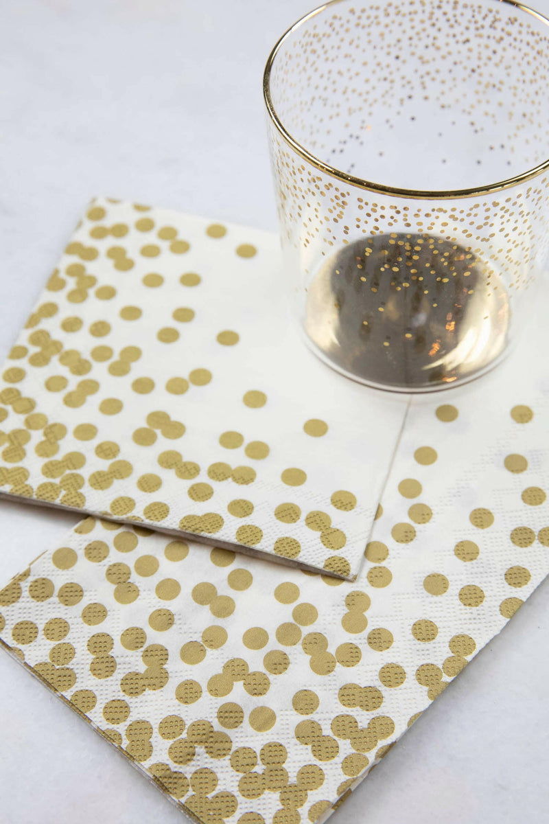 Hester & Cook's Gold Celebration Collection features Black & Gold Awning Stripe Cocktail Napkins, perfect for adding elegance to festive gatherings.