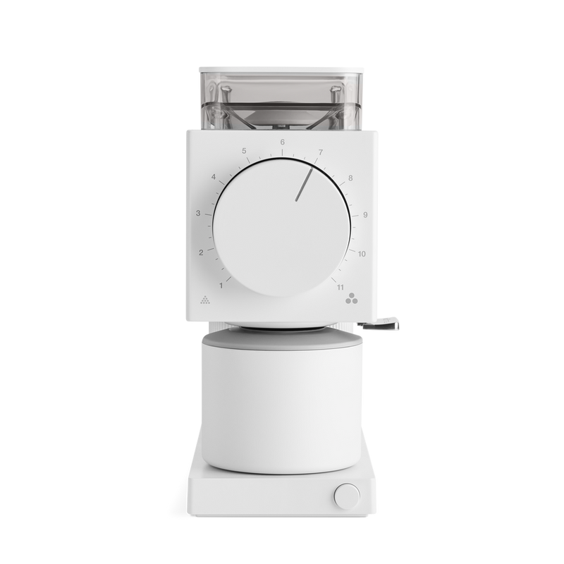 Fellow | Ode Brew Grinder Gen 2 - Matte White with Gen 2 Brew Burrs, 100g capacity, anti-static feature, perfect for various coffee brewing methods.