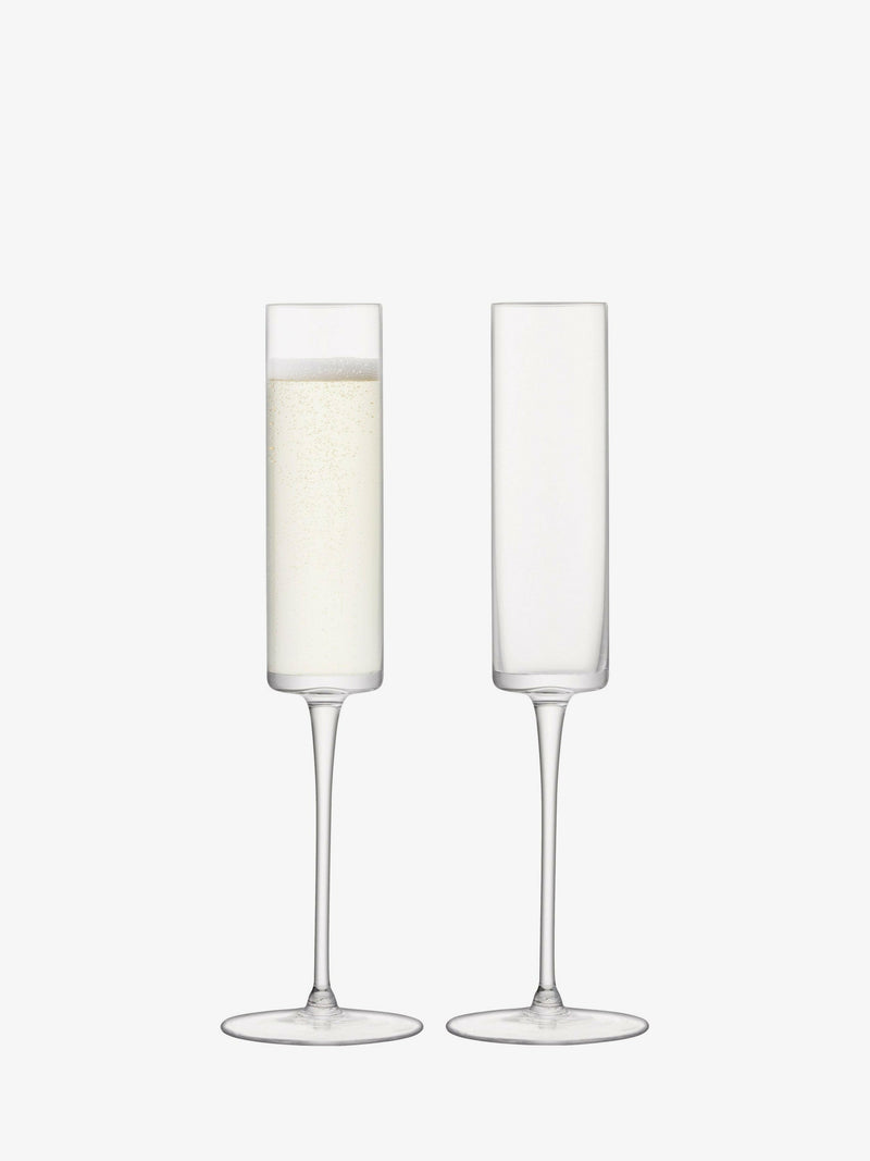 LSA International Otis Glassware Collection Champagne Flute, featuring a sleek, cylindrical bowl with an angular profile and hand-shaped elegant stem, showcases modern craftsmanship.