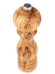 Peugeot Paris Classic Olive Salt + Pepper Mills, 9-inch, showcases elegant olive wood with a top adjustment knob, ideal for precise seasoning.