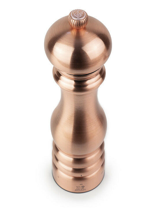 Peugeot | Paris Chef u'Select Salt Mill, copper finish, 9-inch, features elegant curves with adjustable coarseness, enhancing both functionality and style for any kitchen setting.