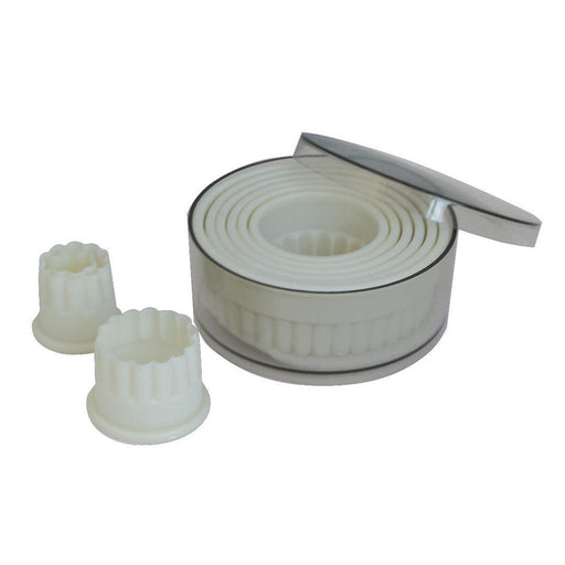 de Buyer | Pastry Cutters - Round Fluted set of nine durable cutters, ideal for crafting pastries with precision. Includes fluted, round, and square shapes in a convenient storage container.