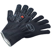 Rösle Premium Grill Gloves featuring flame-retardant META aramid fabric with silicone grip, leather reinforcement, and extra-long cuffs for heat protection up to 350°C.