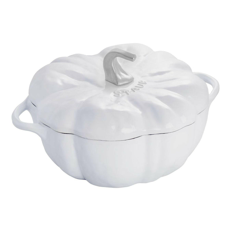 Staub | Pumpkin Cocotte - White, a cast iron pot shaped like a pumpkin, ideal for slow-cooking, enhancing any kitchen with its whimsical design and functionality.
