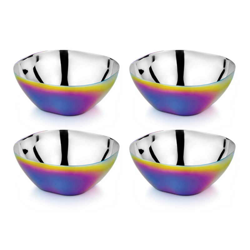 Ahimsa | Stainless Steel Kids Dishes - Fork + Spoon Set - Classic, featuring a close-up of a rainbow-colored stainless steel mixing bowl, designed for safe, engaging child mealtimes.
