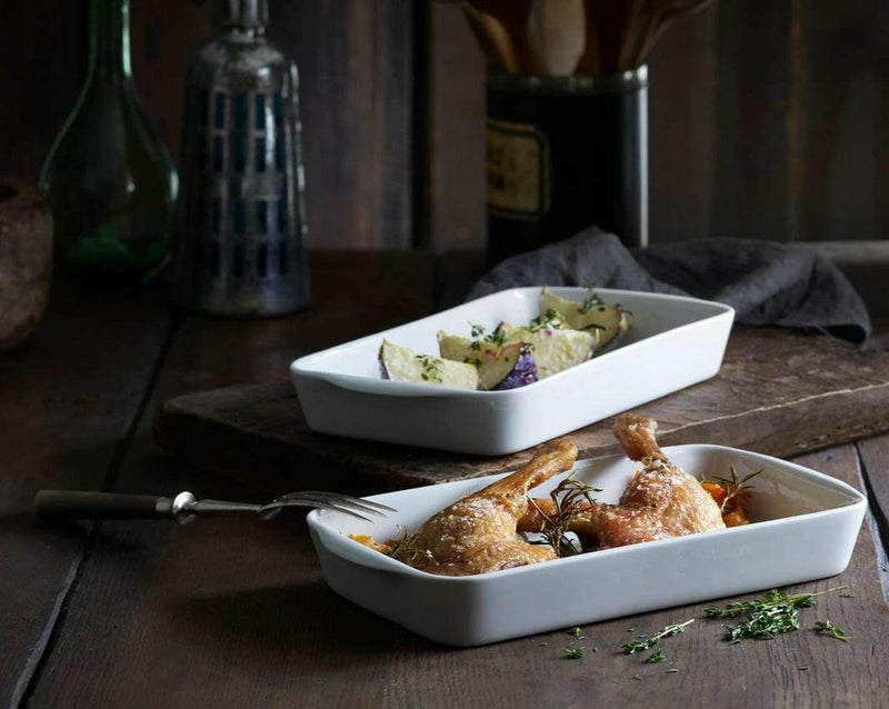 Pillivuyt Deep Rectangular Eared Roaster, extra large 15 x 10, showcasing durable, non-stick porcelain ideal for high-heat cooking and easy clean-up, 5.5 qt capacity.