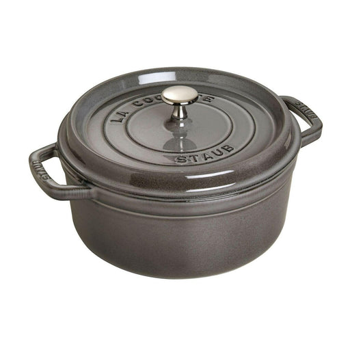STAUB Round Cocotte 5 qt-Tall Lilac, ideal for slow-cooking and braising, features a self-basting lid and durable cast iron for even cooking.