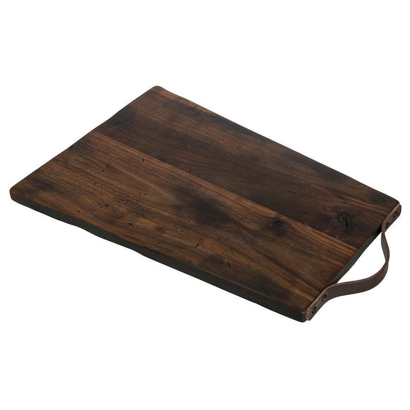 J.K. Adams Rustic Rectangle Serving Board features walnut and a leather handle with antique nails, ideal for serving cheese or desserts for 6-10 people.