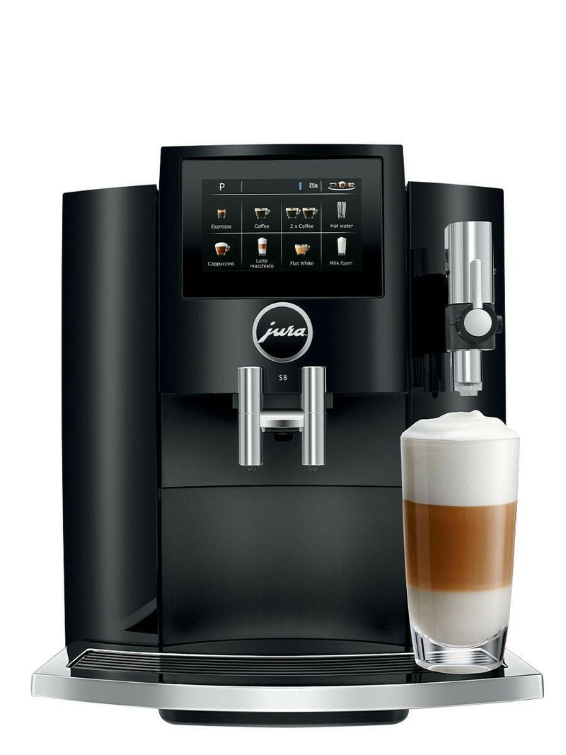 Jura | S8 - Fully Automatic Espresso + Coffee Machine in Piano Black, featuring a sleek design, touchscreen display, and Professional Fine Foam Frother for premium coffee experiences.