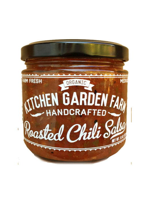 Kitchen Garden Farm | Salsas - Roasted Chili Salsa, shown in a labeled food storage container, highlighting its handcrafted, organic, fire-roasted ingredients for vibrant flavor.