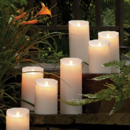 Lightli | Moving Flame Outdoor Pillars - Large flameless candle showcasing a lifelike dancing flame effect, perfect for outdoor ambiance and equipped with a convenient remote and timer.
