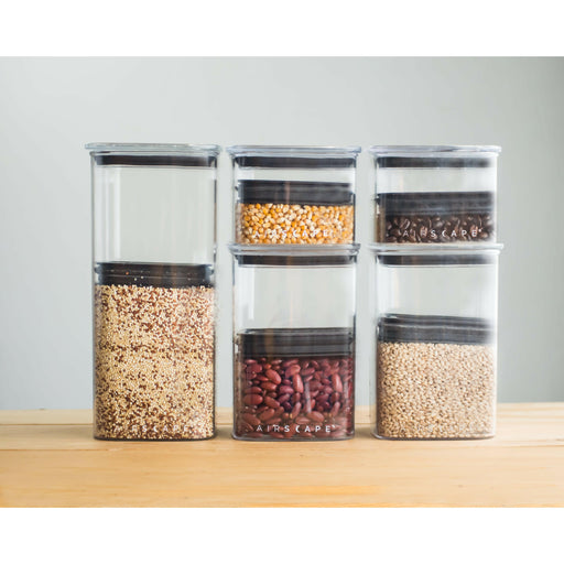 Airscape Lite Food Storage Canisters set of 5, featuring patented valve for freshness, ideal for organizing pantry items like coffee and beans.