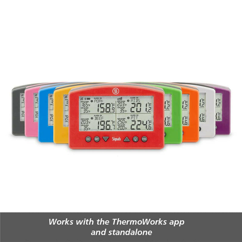 ThermoWorks | Signals BBQ Alarm Thermometer with WiFi & Bluetooth features a robust design with a backlit display, four-channel monitoring, and compatibility with smart devices.