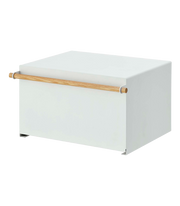 Yamazaki Simple Steel Bread Box with wood handle, elevates bread storage with modern design, allowing airflow to keep baked goods fresh. Ideal for stylish kitchen organization.