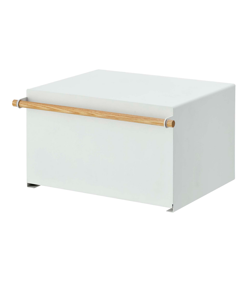 Yamazaki Simple Steel Bread Box with wood handle, elevates bread storage with modern design, allowing airflow to keep baked goods fresh. Ideal for stylish kitchen organization.