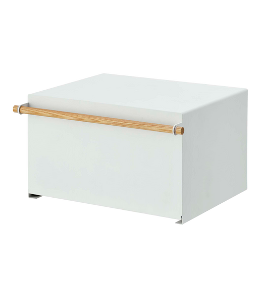 Yamazaki Simple Steel Bread Box with wood handle, elevates bread storage with modern design, allowing airflow to keep baked goods fresh. Ideal for stylish kitchen organization.