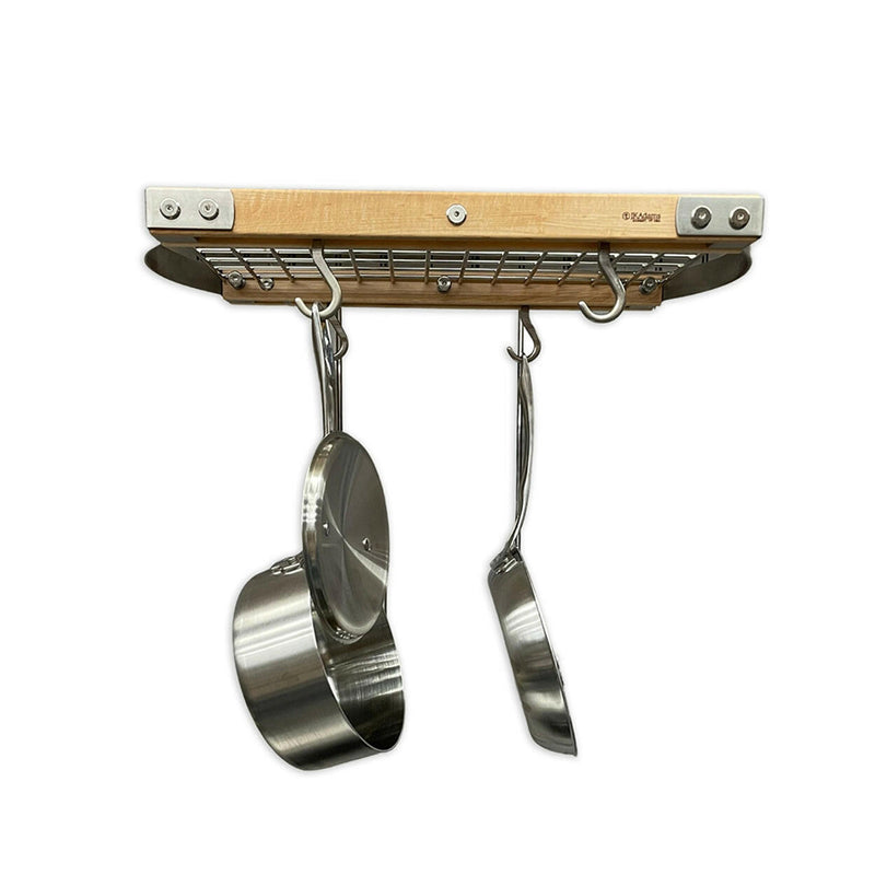 J.K. Adams Small Maple Hanging Oval Pot Rack showcases pots in style, enhancing kitchen décor and accessibility, supporting up to 100 lbs.