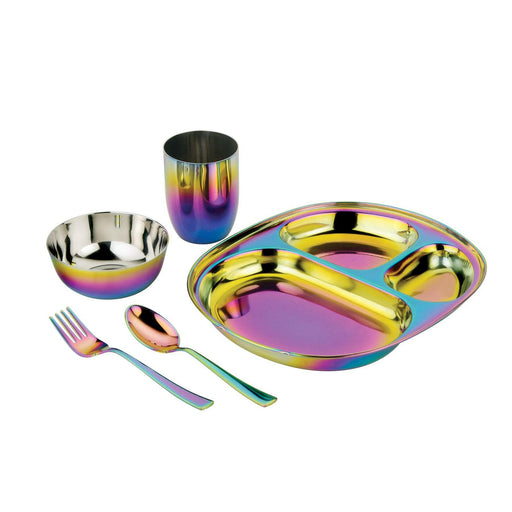Ahimsa | Stainless Steel Kids Dishes - Fork + Spoon Set - Classic, featuring iridescent stainless steel utensils designed for safe, engaging mealtime experiences for children.