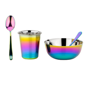 Ahimsa | Stainless Steel Kids Dishes - Fork + Spoon Set - Classic featuring a bowl with spoon and a colorful cup, promoting healthy eating for children.
