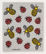 Three Bluebirds Swedish Dishcloth with whimsical ladybug and bee drawings, showcasing a sustainable, durable, biodegradable design. Ideal for eco-friendly kitchen tasks.