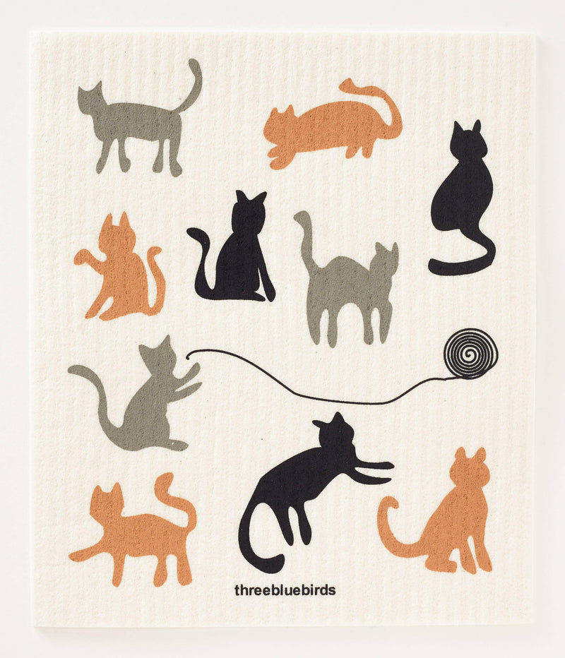 Three Bluebirds Swedish Dishcloths featuring whimsical black cat silhouettes on white, highlighting sustainable and durable design for efficient kitchen cleaning.