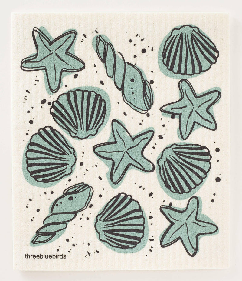Three Bluebirds Swedish Dishcloths featuring whimsical starfish and seashell drawings, ideal for sustainable and stylish cleaning. Durable, biodegradable, perfect for adding cheer to kitchen chores.